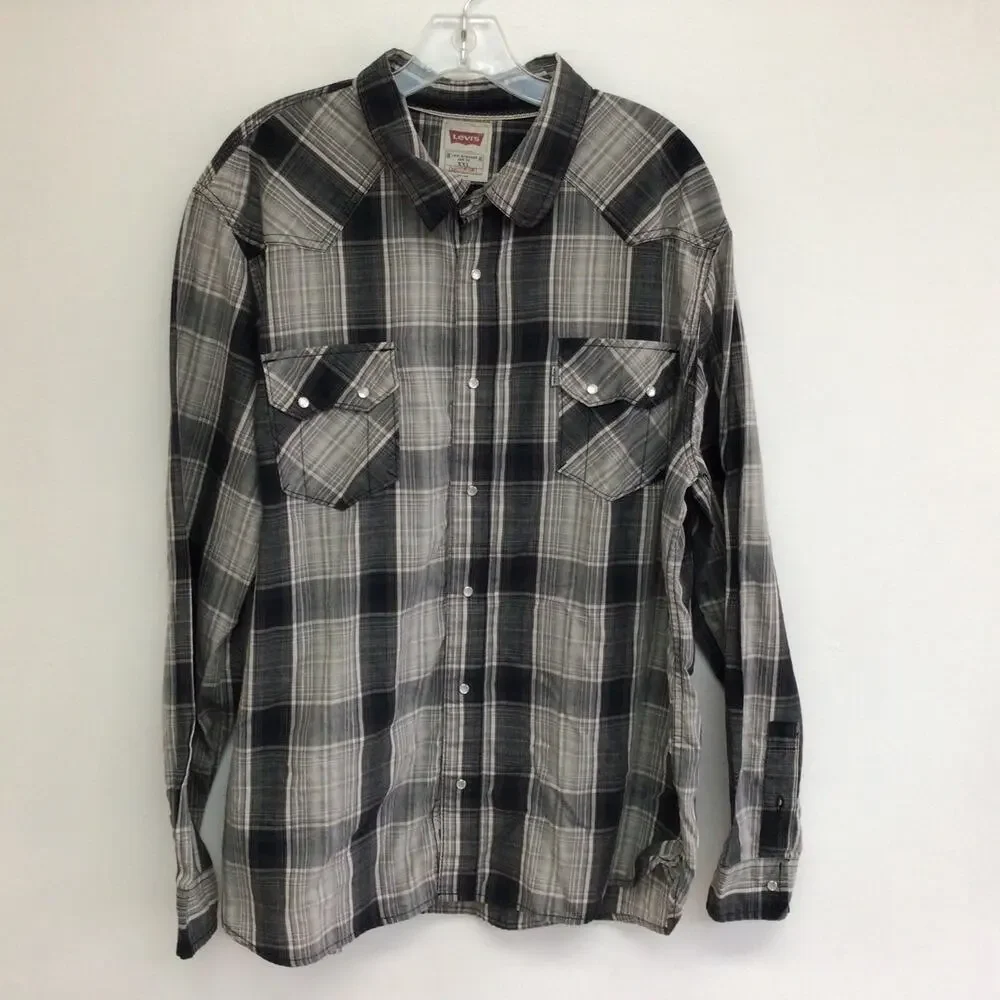 Levi's Men's Western Pearl Snap Plaid Button Front Shirt Sz XXL